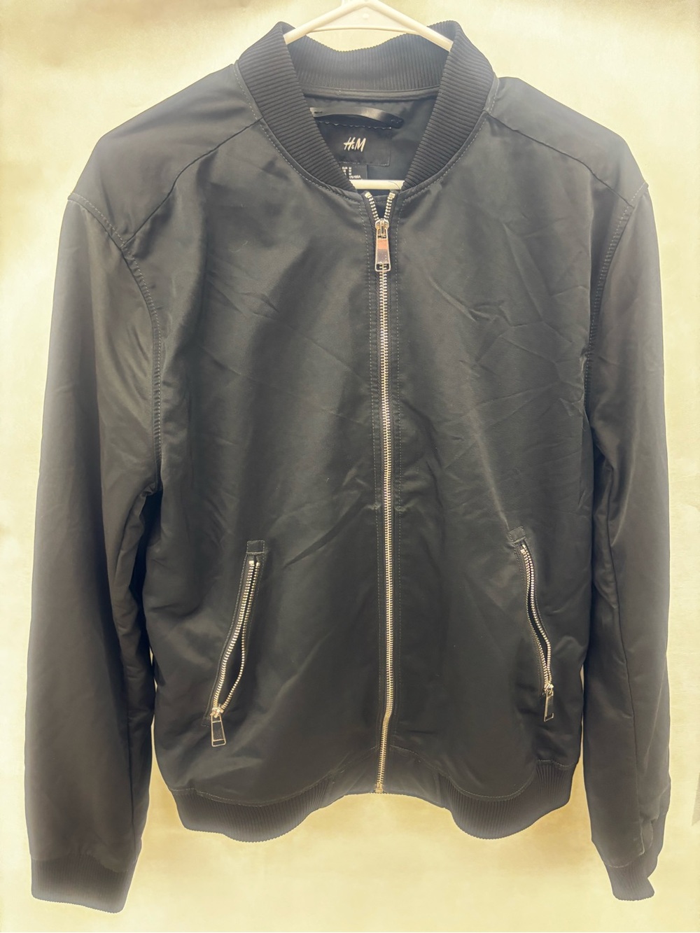 H&M Black Satin-Finish Bomber Jacket with Silver Hardware